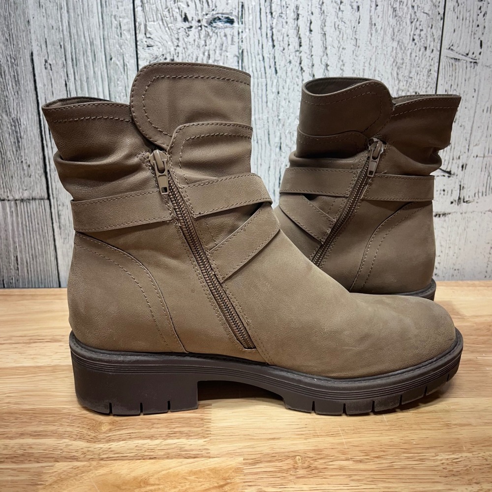 Ruiee Womens Taupe Slouchy Ankle Boots Studded Buckle Strap Side Zip Lug Sole 10 - Picture 5 of 9